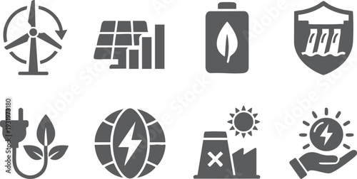 Vector silhouette of energy icons representing renewable sources and sustainability concepts in a modern vector illustration