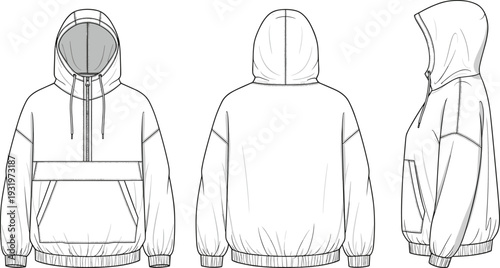 Women Oversized Anorak Hoodie Technical CAD Drawing Flat Vector Illustration, Quarter Zip Windbreaker Fashion Template, Apparel Design Mockup, Streetwear Sketch