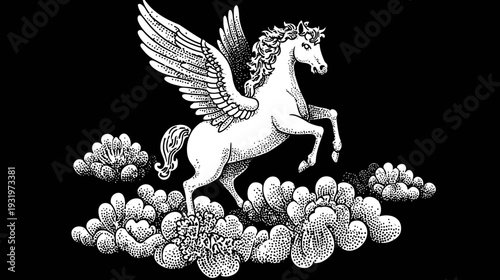 A rearing winged horse with detailed wings and mane, resting on stylized cloud formations