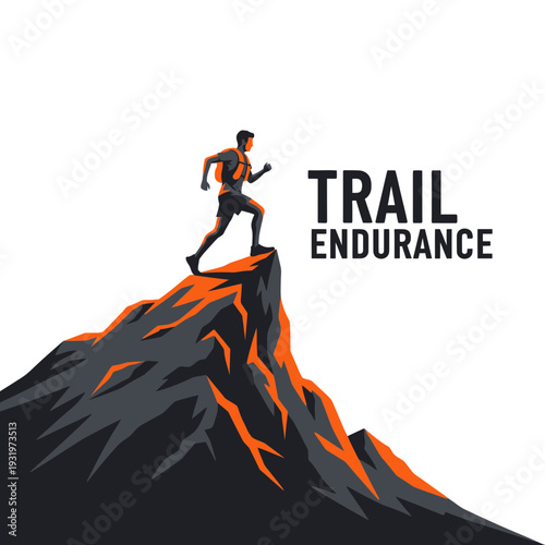Depicting Human Endurance: Trail Runner Ascending a Mountain, Achieving Peak Performance