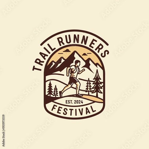 Depicting Trail Runners Festival Emblem Celebrating Mountainous Adventure and Endurance Competitions