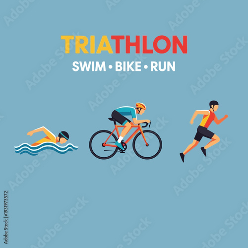 Depicting Triathlon Athletes: Swim, Cycle, and Run Illustrated on a Blue Background