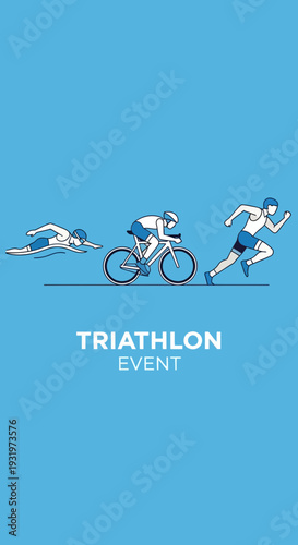 Depicting Triathlon Athletes in Motion, Showcasing Swimming, Cycling, and Running Skills