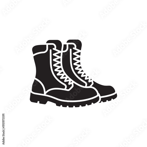 Pair of rugged military boots, black silhouette, white laces, vector