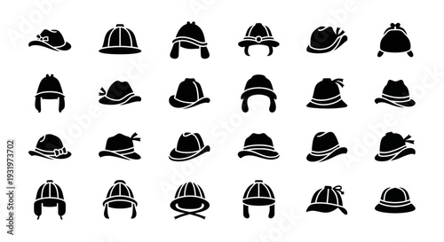 Collection of various hats displayed in a grid pattern, showcasing different styles and designs in a simple graphic illustration