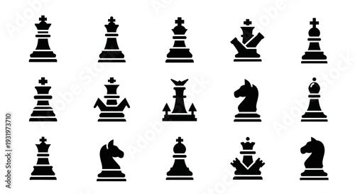 Collection of black chess pieces arranged on a white background viewed from a frontal perspective