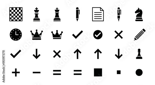 A collection of black icons representing various symbols, objects, and actions on a plain background, viewed directly from the front.
