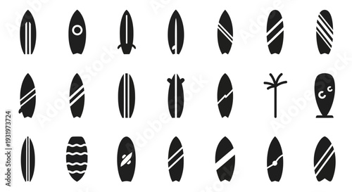 Collection of diverse surfboard designs and tropical symbols displayed in a grid pattern