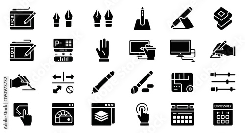Collection of black icons representing various office and design tools displayed on a clean white background from a straightforward viewpoint