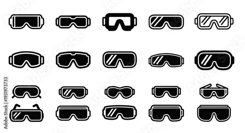 Collection of diverse goggles icons displayed in a grid arrangement on a white background from a direct viewpoint