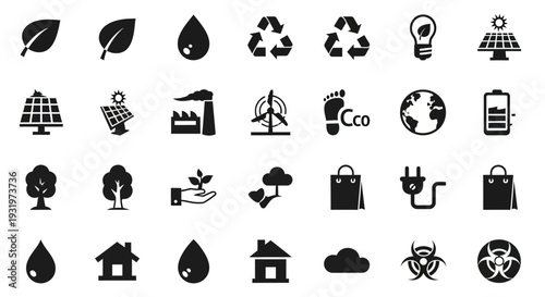 Collection of black icons representing eco-friendly concepts and environmental sustainability on a clean white background