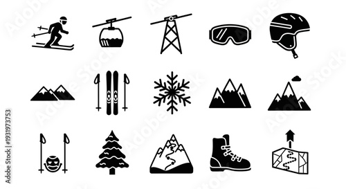 Collection of black and white icons representing various winter sports and mountain activities in a grid layout