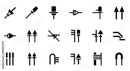 Collection of various black technical symbols and diagrams displayed on a white background, viewed from a straightforward perspective