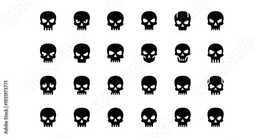 Collection of various skull icons arranged in a grid pattern on a clean background