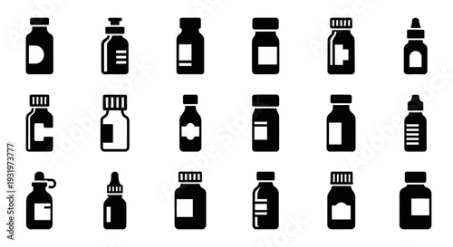 Collection of various medical bottles and containers displayed in a grid pattern on a plain white background from a straightforward viewpoint