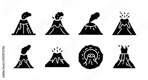Collection of Simple Volcano Icons Depicting Various Eruption Stages and Illustrations on a Plain Background from a Direct Viewpoint