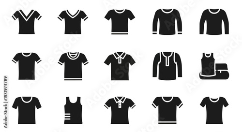 Collection of various shirt styles and designs displayed in a grid layout on a plain background from a straightforward viewpoint