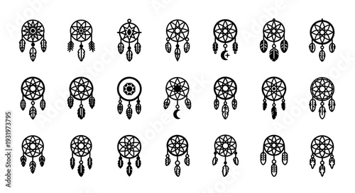 Collection of dreamcatchers with feathers and beads, mystical symbols, spiritual significance, Native American culture, handmade crafts displayed together