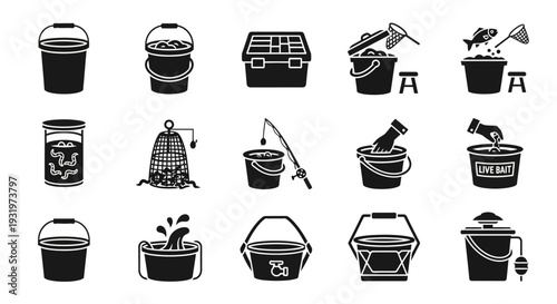Collection of Various Buckets and Tools for Industrial and Gardening Purposes Illustrated in Black and White