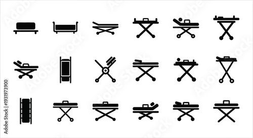 Collection of black camping equipment icons on a white background displayed from a straightforward viewpoint showcasing various outdoor gear