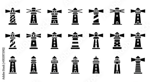 Collection of diverse lighthouse illustrations in various styles and designs, showcasing different architectural features.