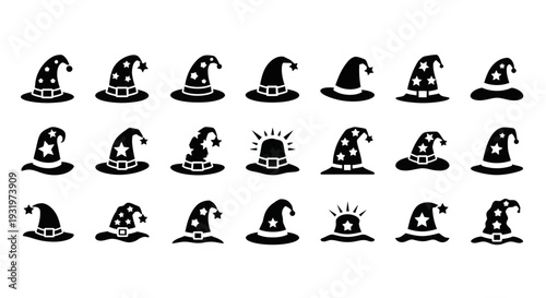 Collection of assorted witch hats in black and white illustrations