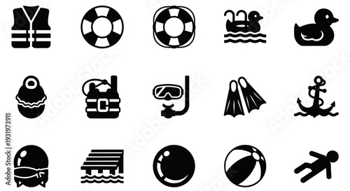 Collection of black icons representing various sports and leisure activities including swimming, soccer, and water games on a white background from a direct viewpoint.