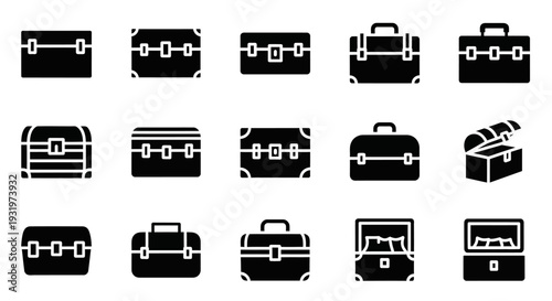 Collection of various black luggage icons on a white background, showcasing different styles and designs in a grid layout from a straightforward viewpoint