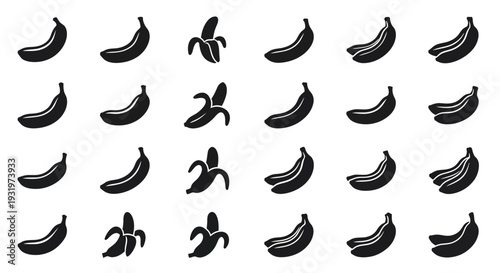 A collection of black bananas arranged in a grid pattern on a white background from a direct viewpoint