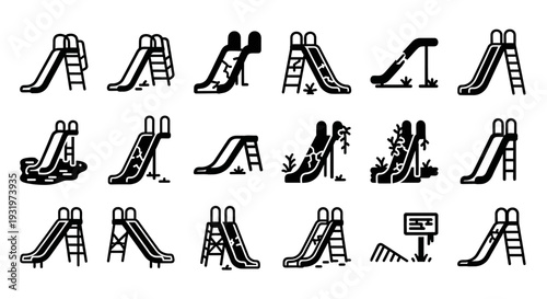 Collection of various playground slides and ladders illustrated from different viewpoints