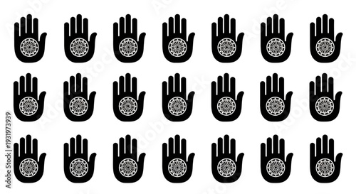 Collection of black hand symbols with intricate designs on a clean background viewed from directly above