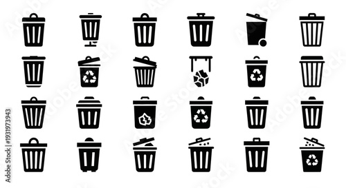 Collection of black trash can icons with recycling symbols and lids on a white background, from various viewpoints and designs