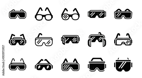 Collection of various virtual reality goggles and glasses icons in different styles on a clean background