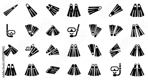 Collection of scuba diving gear icons arranged in a grid pattern on a simple background from a straightforward viewpoint
