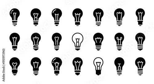 Collection of various light bulb icons in different designs and styles displayed together on a clean white background from a straightforward viewpoint