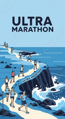 Depiction Of A Long Distance Ultra Marathon Race Along Scenic Coastal Paths With Athletes
