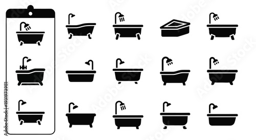 Collection of various bathtub illustrations displayed on a clipboard and surrounding area from a straightforward viewpoint
