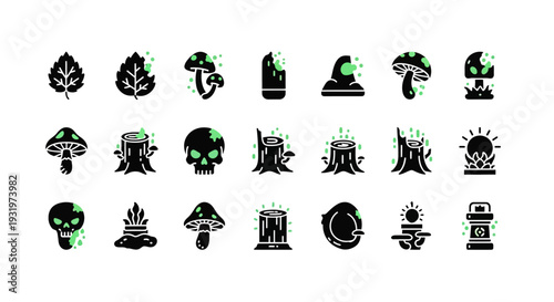 Collection of black and green icons representing various objects and symbols displayed on a clean background from a straightforward viewpoint