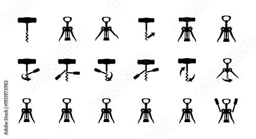 Collection of corkscrew icons in various states displayed on a clean white background from a straightforward viewpoint