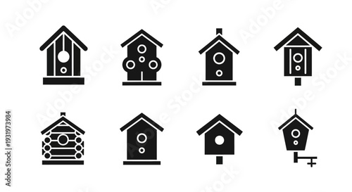 Collection of birdhouse icons featuring various designs for birds in black and white