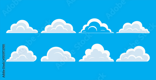 Set of cartoon clouds in blue sky, cute stylized fluffy cloud shapes for design