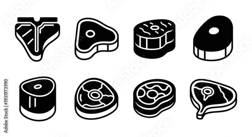 Assorted meat cuts and steaks displayed on a white background in a simple graphic illustration style from a straightforward viewpoint