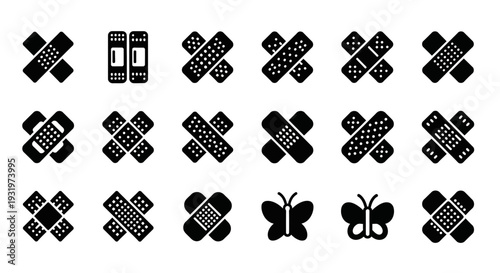 Collection of bandages and butterfly icons in various patterns on a clean white background from a direct viewpoint.