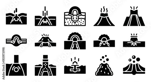 Collection of simple black and white illustrations depicting various volcano icons and eruption scenes from different viewpoints