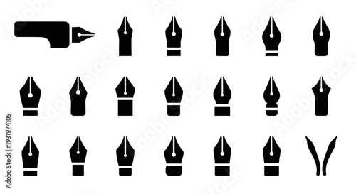 Collection of Fountain Pen Nibs and Fountain Pen Silhouettes on a White Background from a Direct Viewpoint