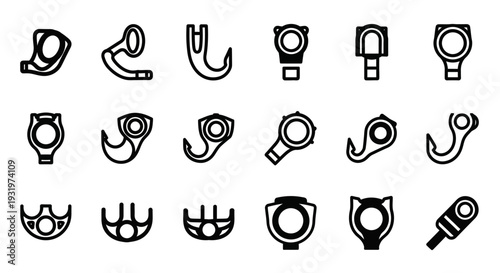 Collection of simple black icons representing various objects and concepts on a white background viewed from a straightforward perspective