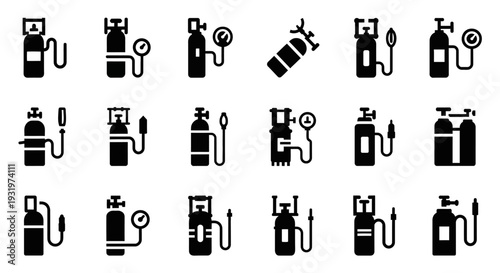 Collection of fire extinguisher icons displayed in a grid arrangement on a clean background from a straightforward viewpoint