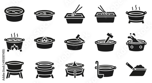 Various kitchen pots and utensils arranged for cooking or serving food in a culinary setting from a top-down viewpoint