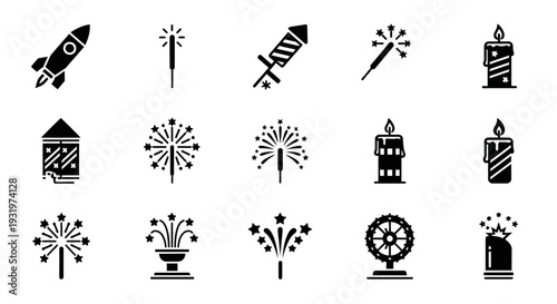 Collection of Fireworks and Celebration Icons in Various Designs and Shapes