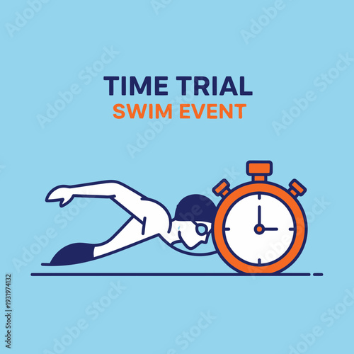 Depiction Of A Swimmer In A Time Trial, Sporting Event, With Stopwatch Illustration